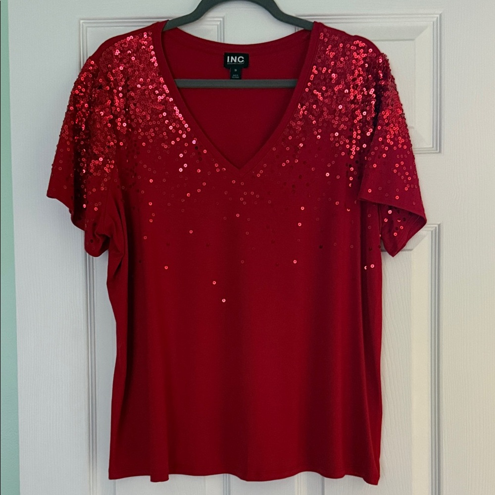 INC International Concepts Women's Red Sequin V-Neck Top